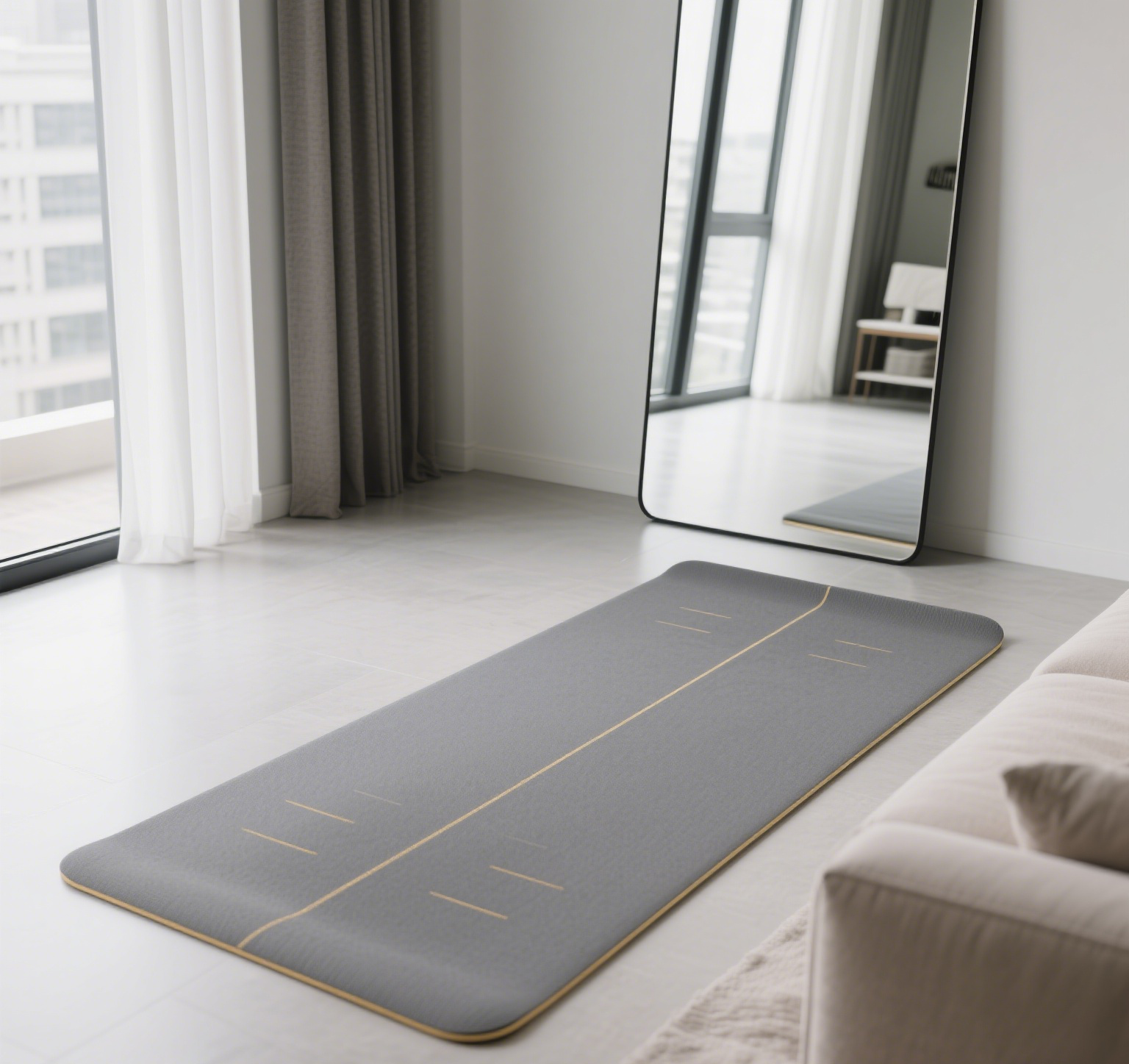 Gray yoga mat in bright room