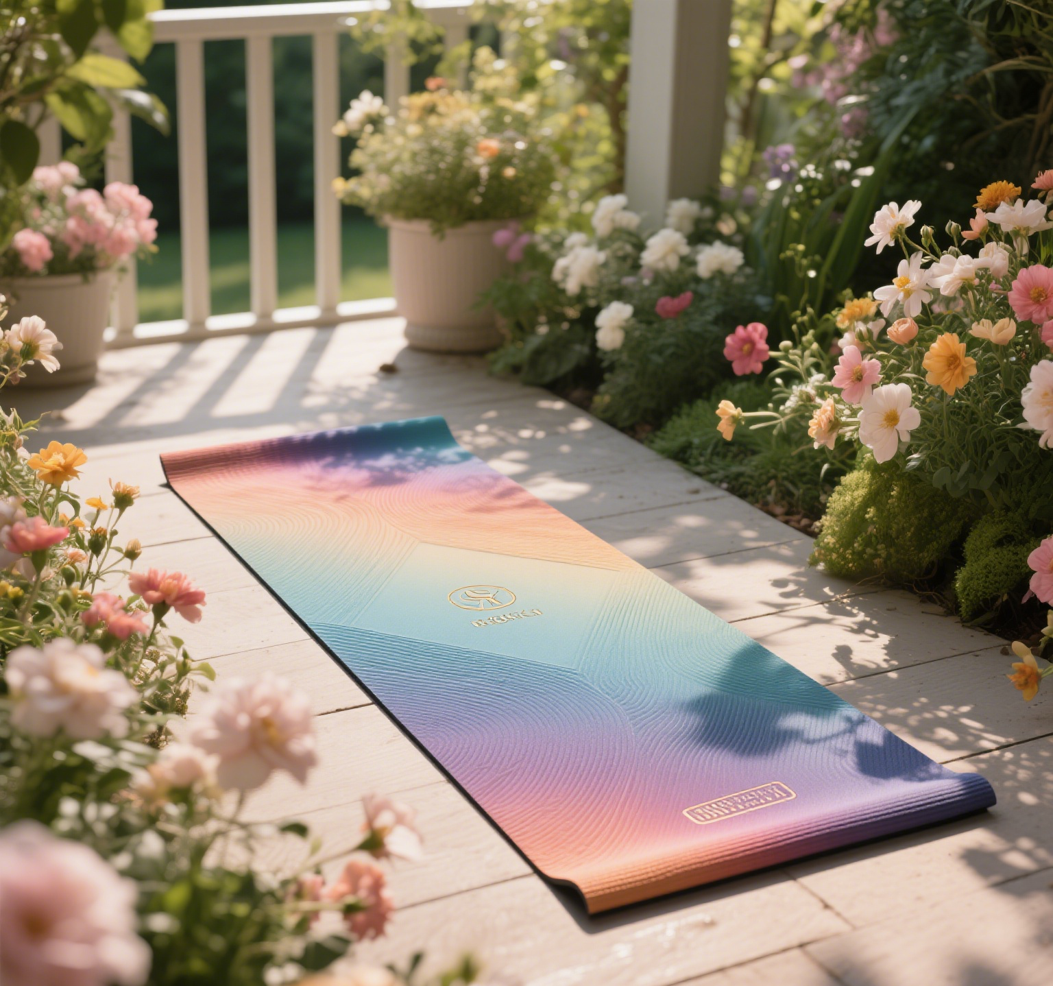 Colorful yoga mat among flowers