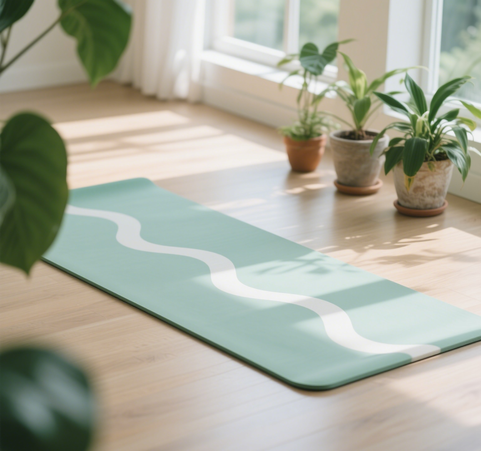 Green yoga mat in sunny room with plants