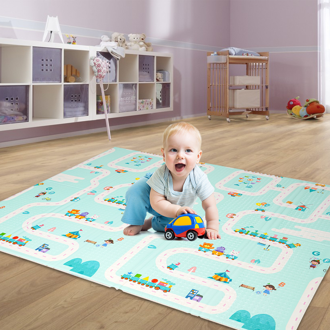 Foldable baby play mat in a modern nursery setting